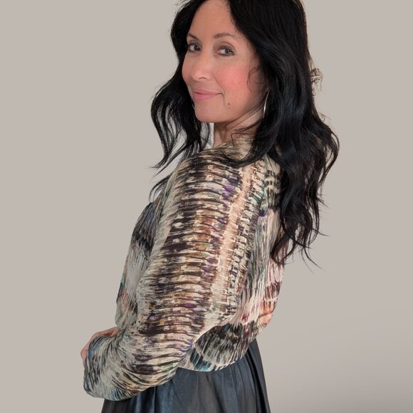 Zara Semi-Sheer Long Sleeve Blouse - Neutral Watercolor Print - Size Small - Picture 3 of 9